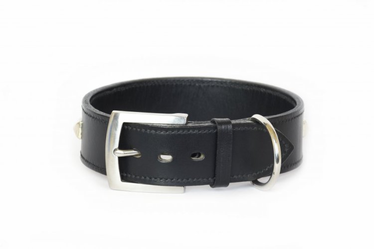 Široký obojek pro psa ze zdvojené kůže se zdobením černý (velikost: 41,5 - 47,5 cm, šířka 4 cm)